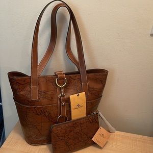 Patricia Nash Big Leather Map Print Espelette Bucket Tote AND Capri Wristlet